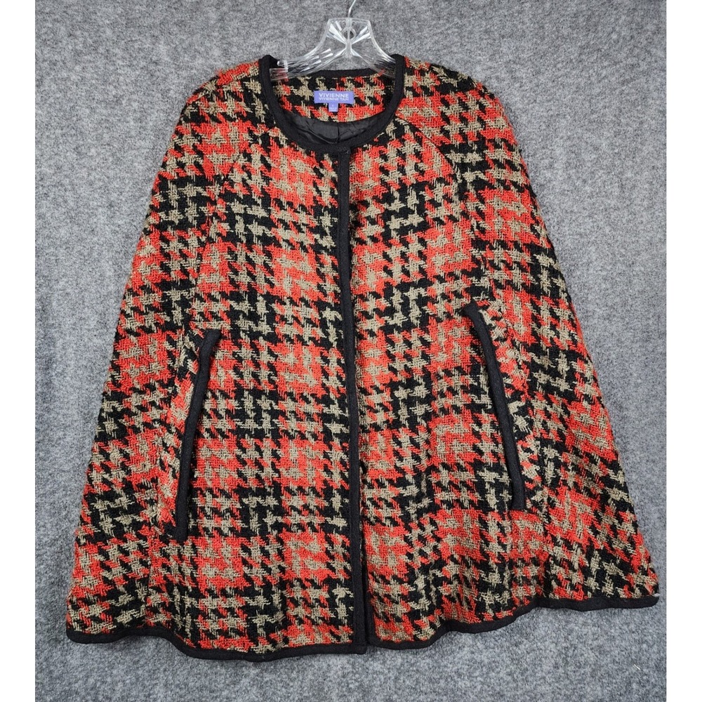 Vivienne Tam Cape Women 6 Red Black Houndstooth Wool Blend‎ Button Front Chic